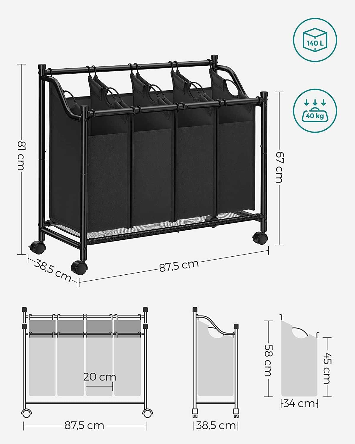 SONGMICS Kosz na bieliznę 4 x 35 Litrów