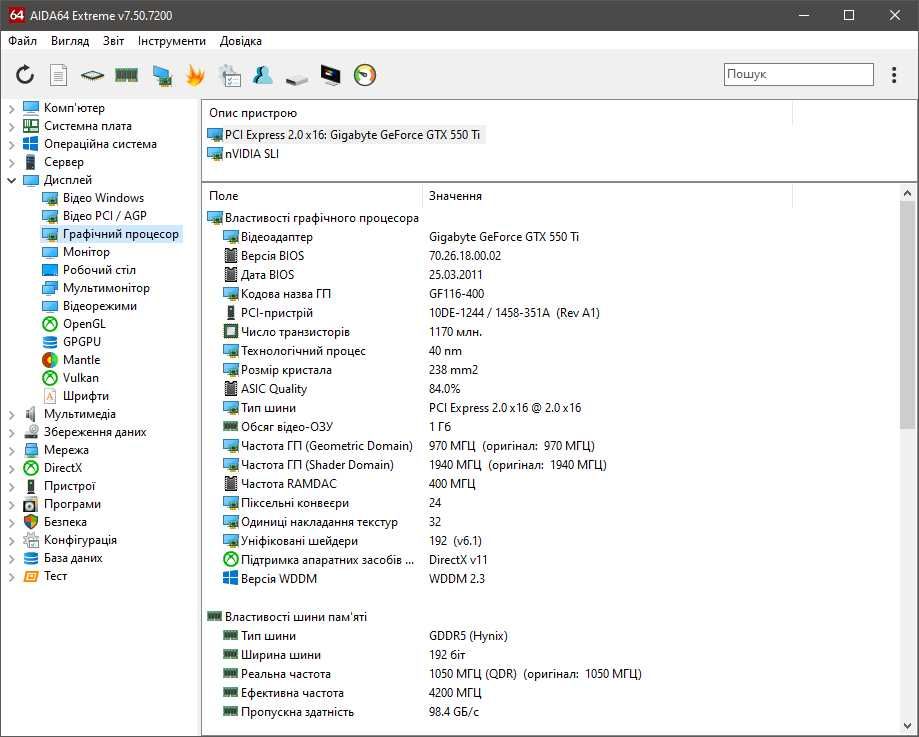 Відеокарта GIGABYTE GTX550 Ti 1GB DDR5 192bit