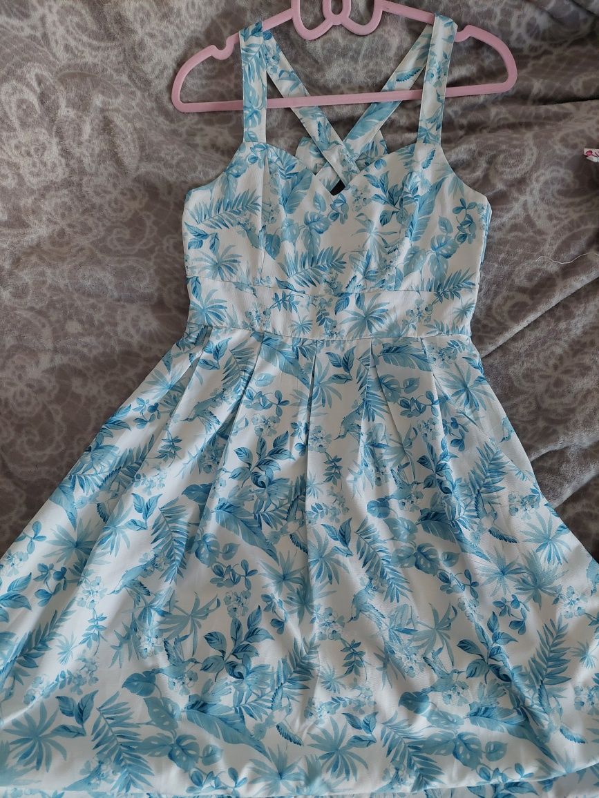 Nowa sukienka Hell Bunny 40 L biała niebieska wzory