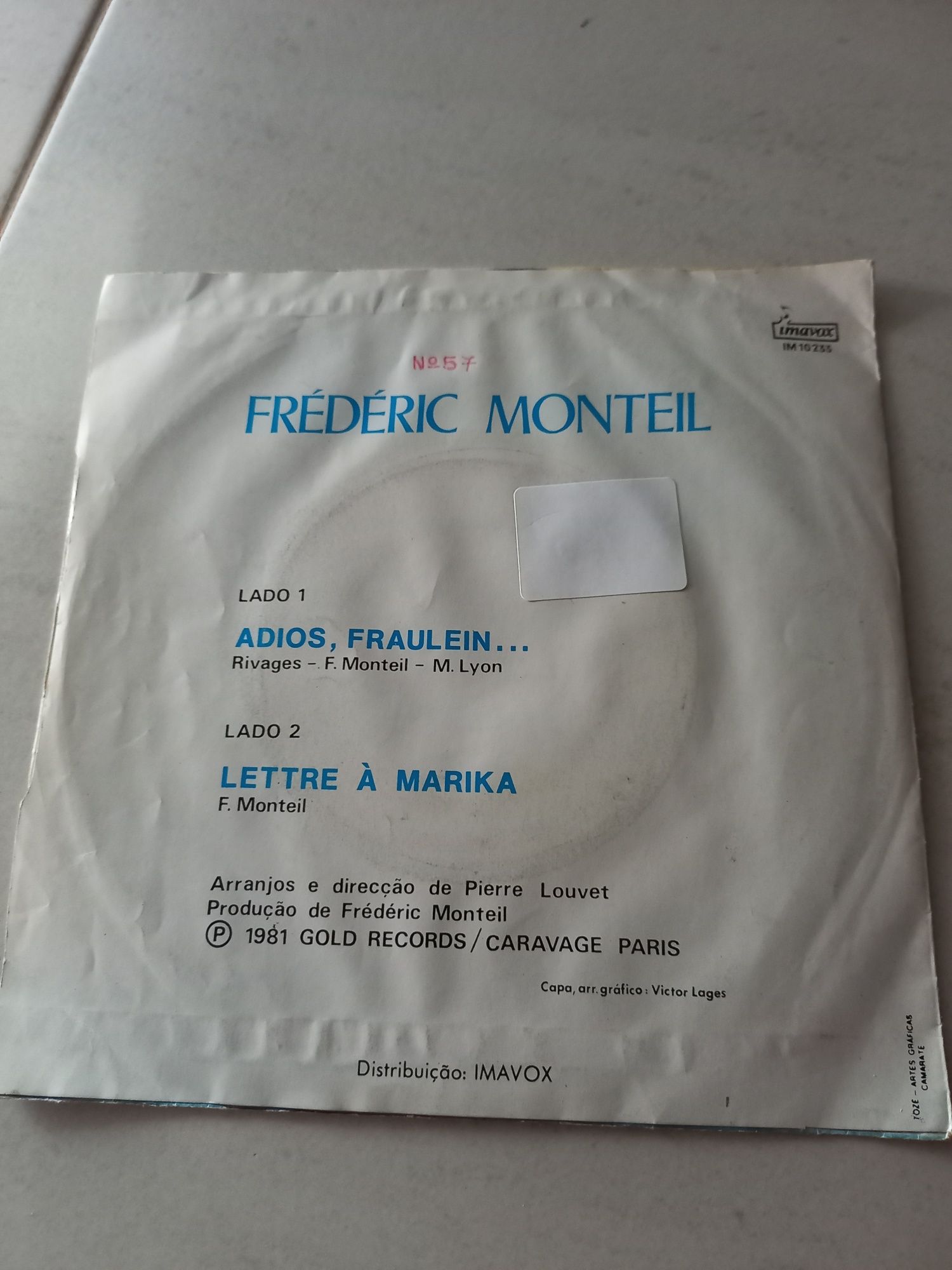 Disco single de vinil Frédéric Monteil 1981