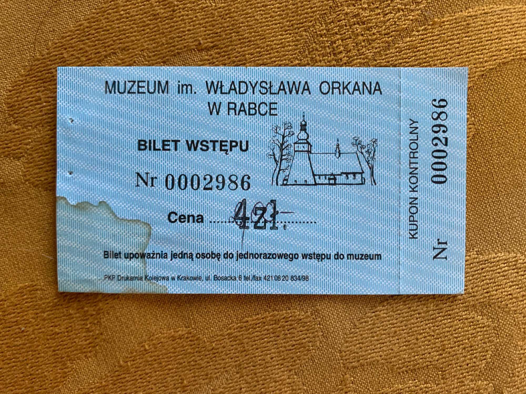 Kolekcjonerski bilet wstępu wejściówka-Muzeum im. Wł. Orkana w Rabce
