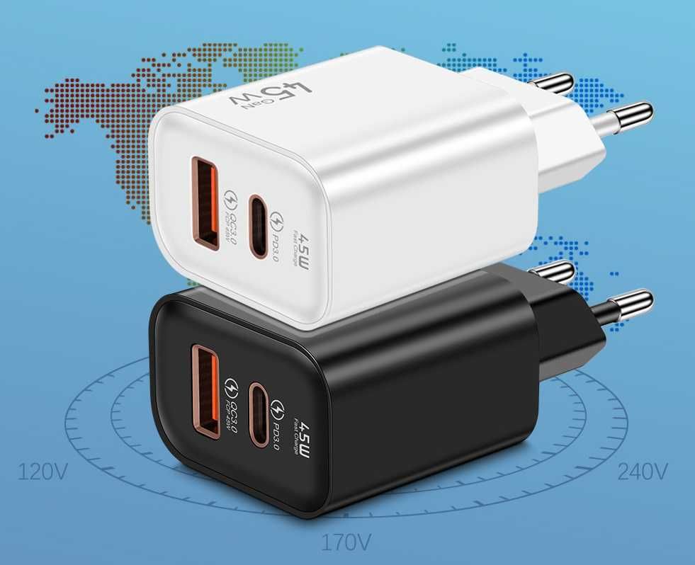 Szybka Ładowarka Sieciowa 45W do telefonu 1xUSB 1xUSB-C