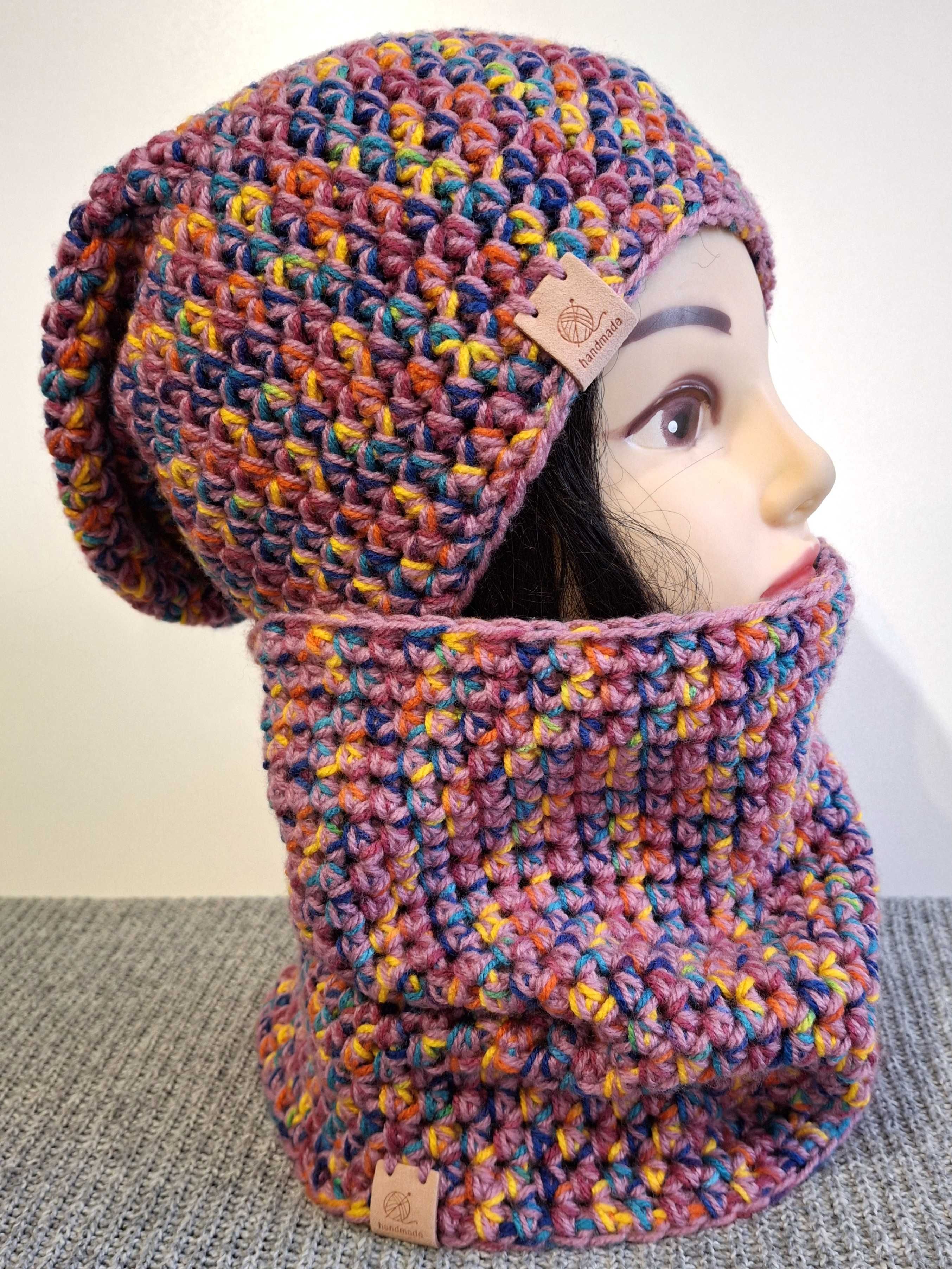 Kolorowy zestaw czapka smerfetka z wysokim kominem handmade