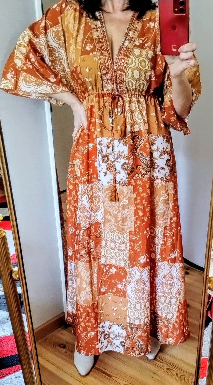 Letnia sukienka na gumce, szerokie rękawy, maxi sukienka