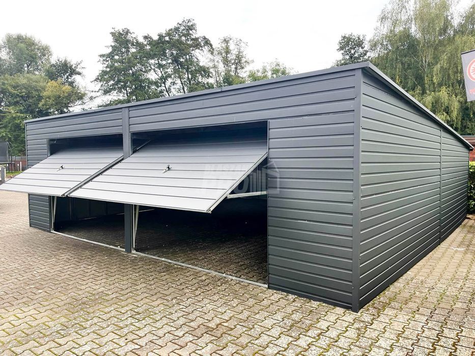 Garaż blaszany 8x8 Brama uchylna x2 + okno antracyt spad w tył GP160