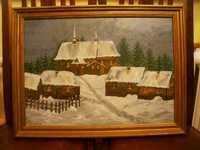 Obraz ręcznie malowany - wioska kościół domki wiejskie chatki zima
