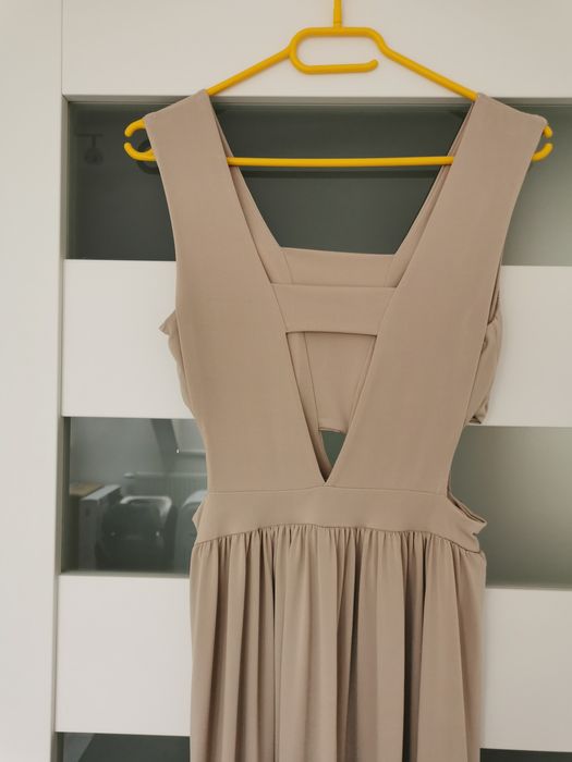 Sukienka maxi z wycięciami beżowa codzienna,wesele,wieczorowa, r.uni