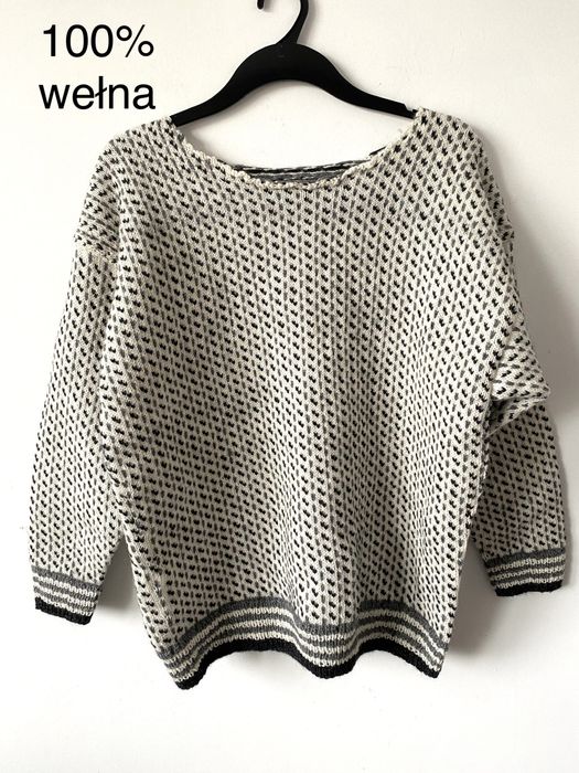 Wełniany skandynawski sweter handmade norweski gruby splot ciepły wzor