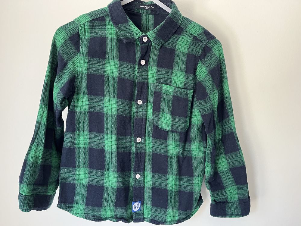 Camisa menino 110, verde aos quadrados, 100% algodão