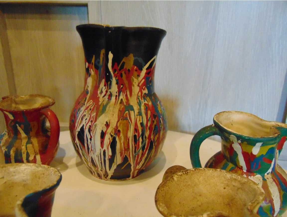 Ceramiczny dzbanek z kubkami,wzory huculskie,hucuł