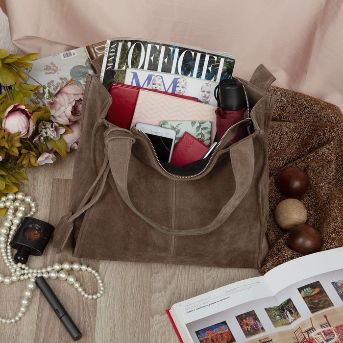 VERA PELLE torebka zamszowa shopper klasyczna na ramię V624 taupe