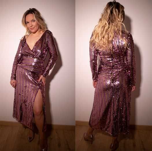 różowa cekinowa sukienka French Connection Fiki Sequin Midi Dress