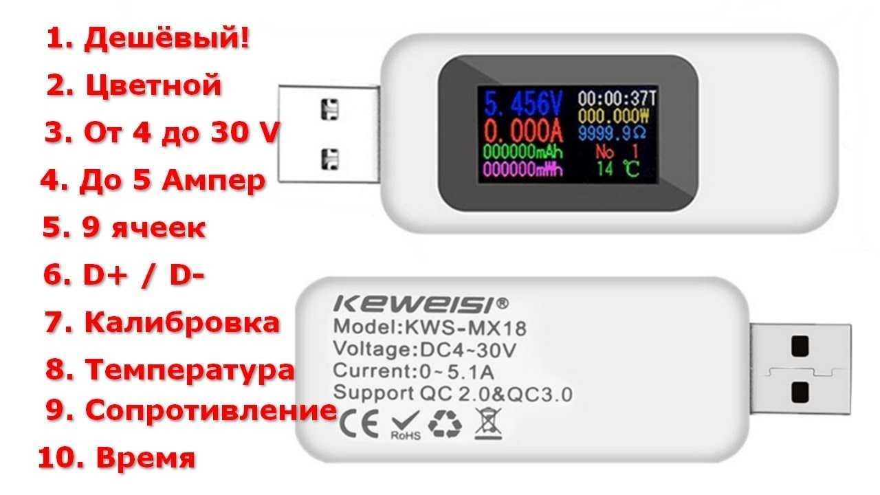 USB тестер KWS-MX18L с ЦВЕТНЫМ экраном измеритель емкости ваттметр