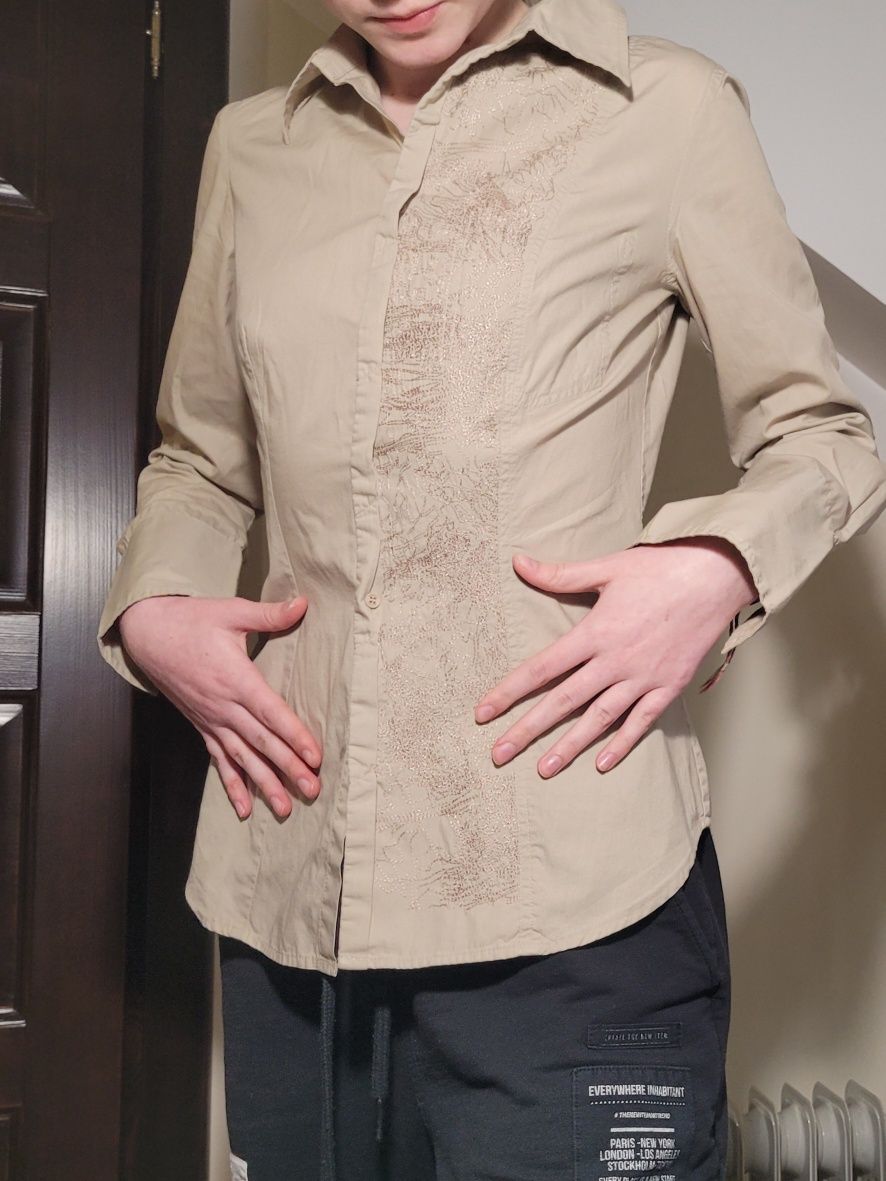 Bezowa koszula ze zdobieniem monnari vintage bluzka top cute
