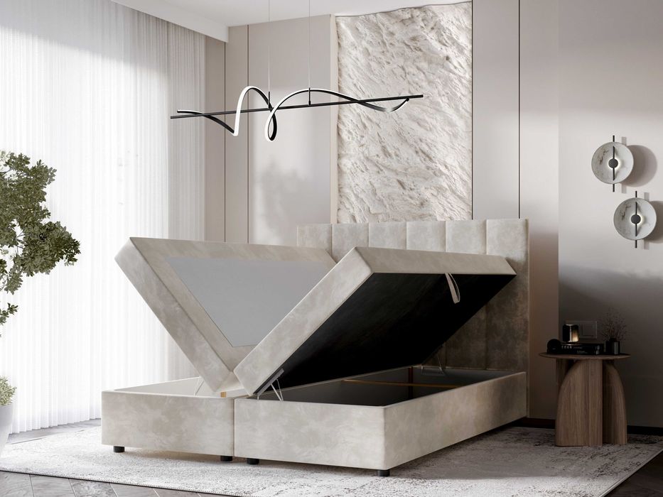 Łóżko kontynentalne z pojemnikiem beżowe szybka wysyłka