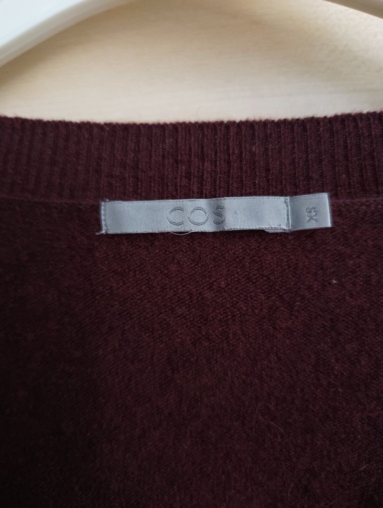Burgundowy sweter kardigan 100% wełna owcza COS Oversize XS