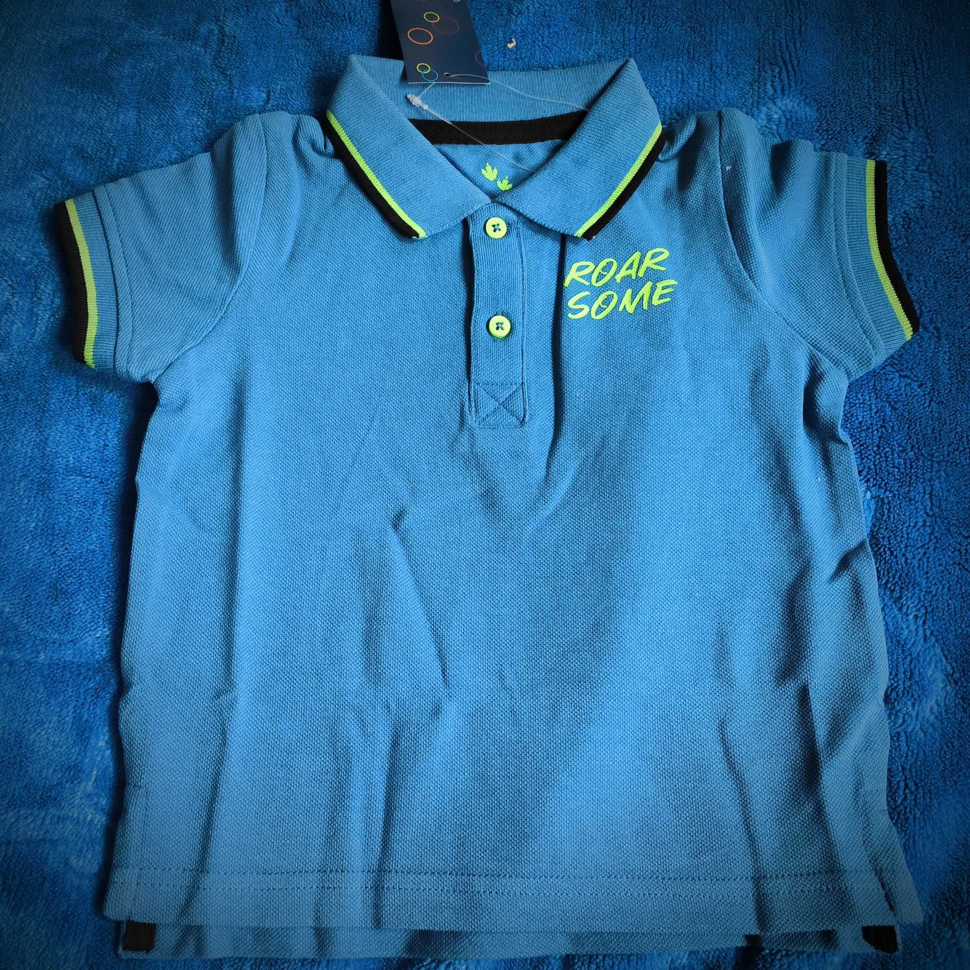 T-shirt polo niebieskie dłuższy tył. Nowy z metką bliźniaki 98/104