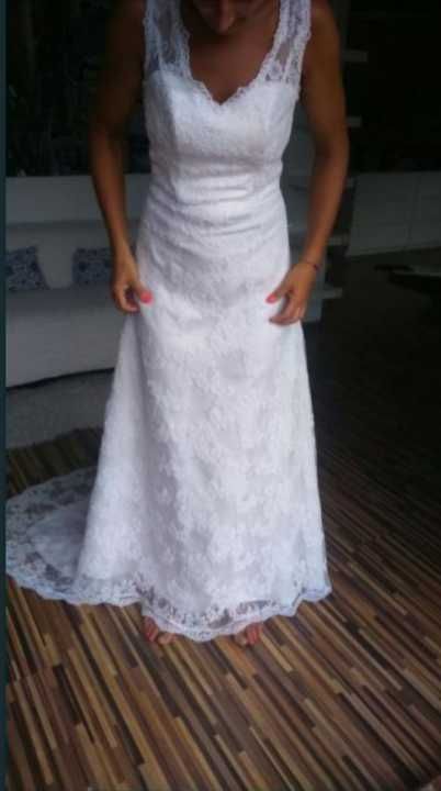 Suknia ślubna sukienka do ślubu koronkowa trenem bez pleców M 38 40