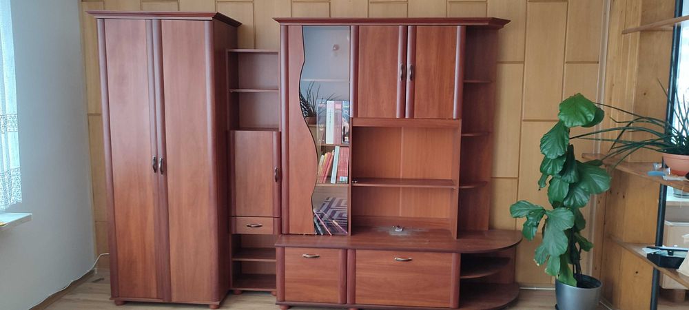 stylizowana meblościanka z ciemnego drewna