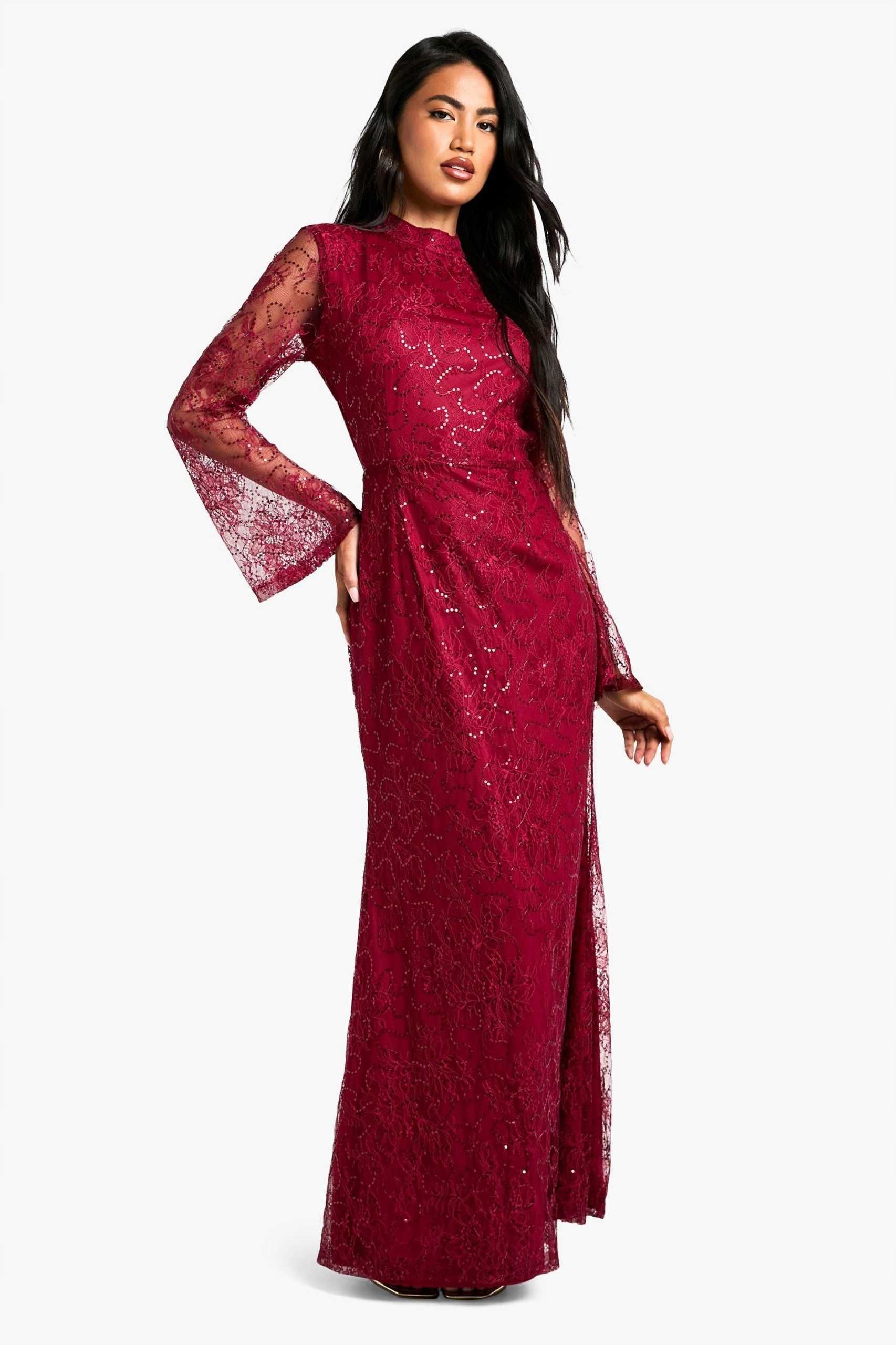 Boohoo -Czerwona Sukienka Maxi z Koronkowym Wykończeniem  XL