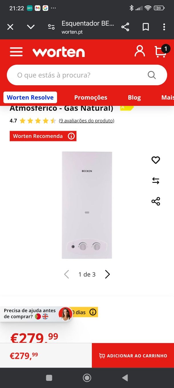 Esquentador Becken Atmosférico - Gás natural