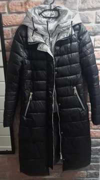 Długi płaszcz zimowy/ kurtka czarno srebrna S