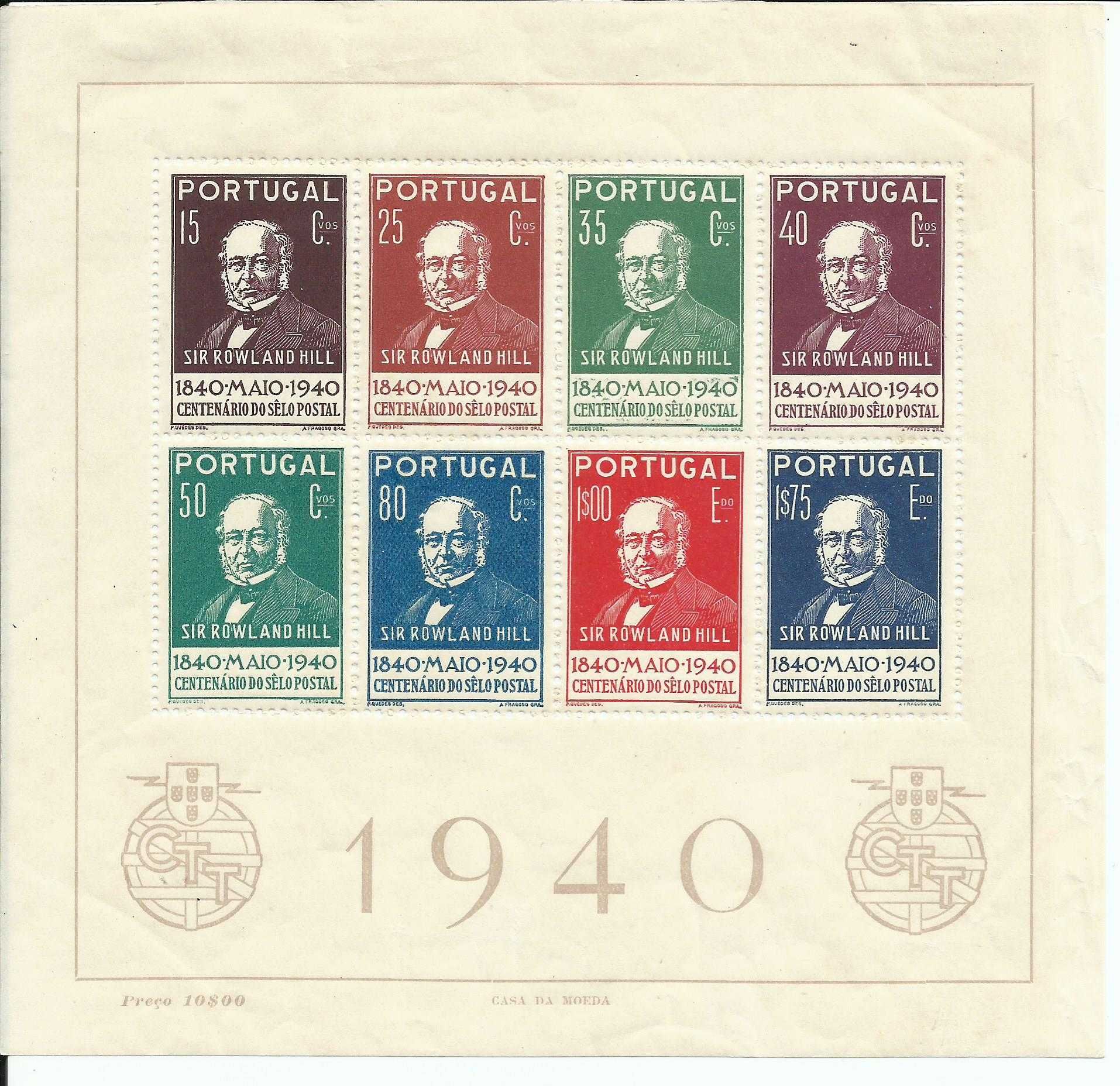 Selos portugueses – Bloco com série do 1º Cent. do Selo Postal – 1940