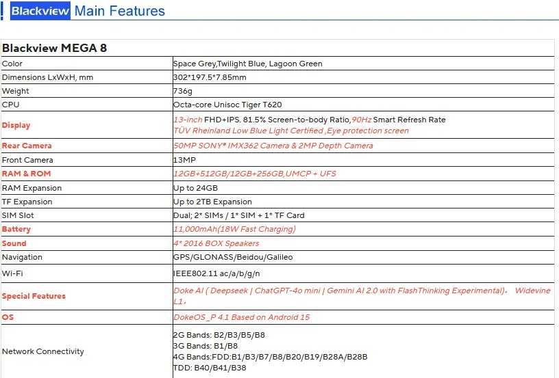 Планш Blackview Mega 8, 13'' FHD 90Hz 12/512 LTE 11000mA, 50Mp