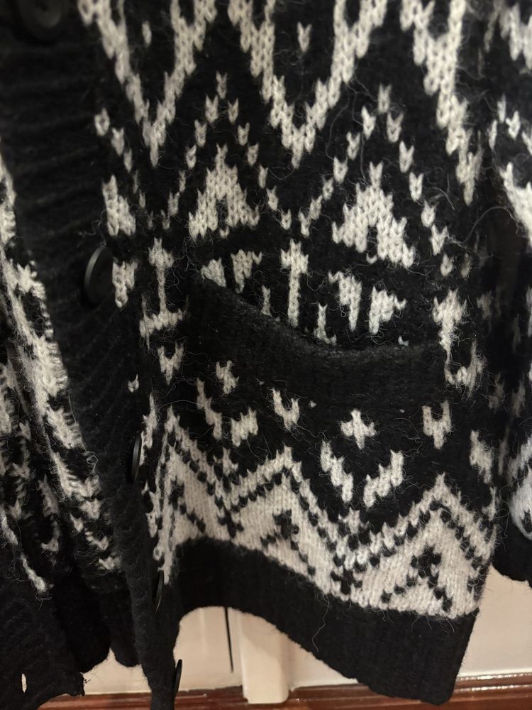 Casaco de malha quente, preto e branco, Tam M/L