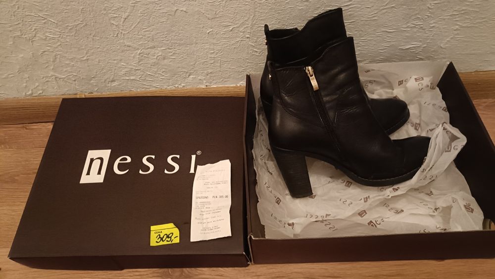 OKAZJA nowe botki zimowe Nessi – czarne, SKÓRA NATURALNA , rozmiar 39