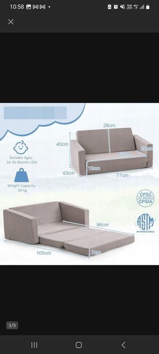 Rozkładana mini sofa dziecięca 2w1, tapicerowany fotel 50 kg Costway
