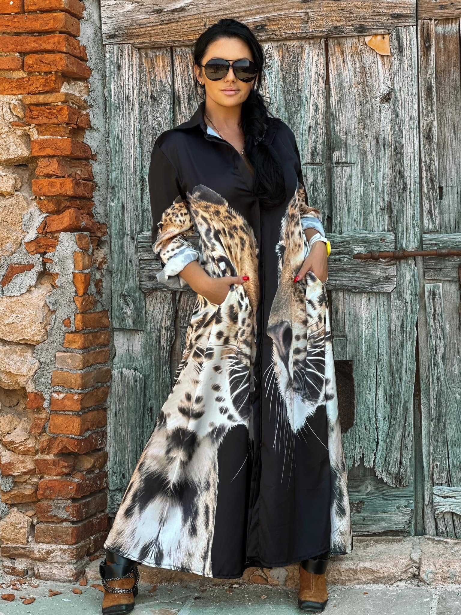 ZOCCO Koszulowa maxi sukienka z kieszeniami w zwierzęcy print