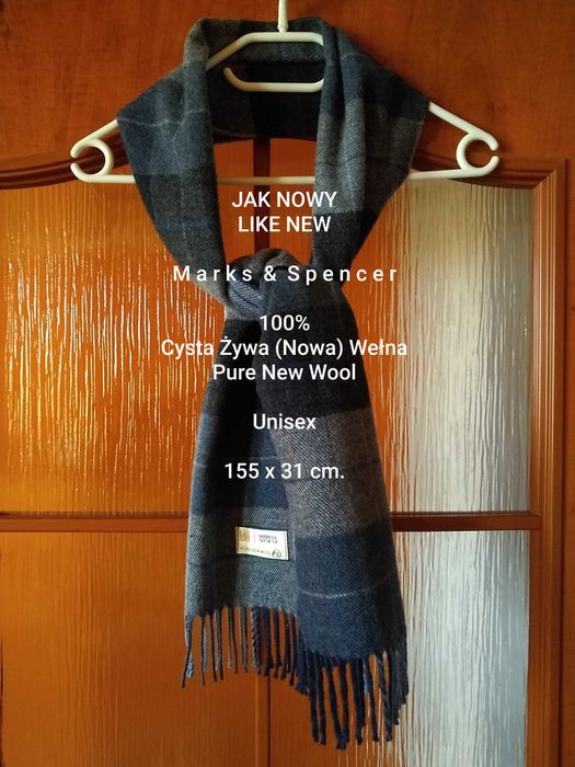 Marks & Spencer szal z żywej wełny, 100% Pure New Wool, 155 x 31 cm