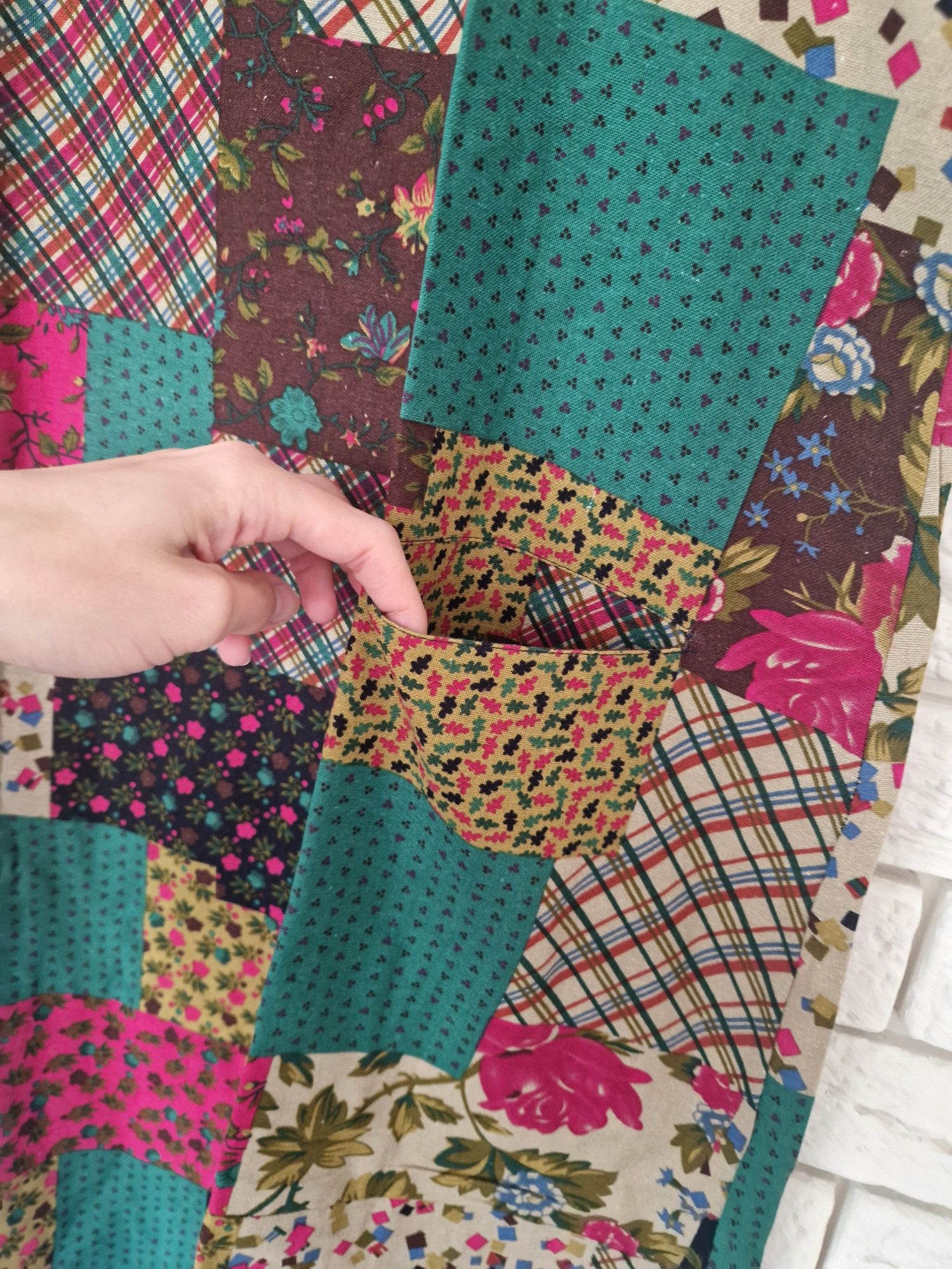 Lniana sukienka patchworkowa z kieszeniami 42 XL 100% len plus size