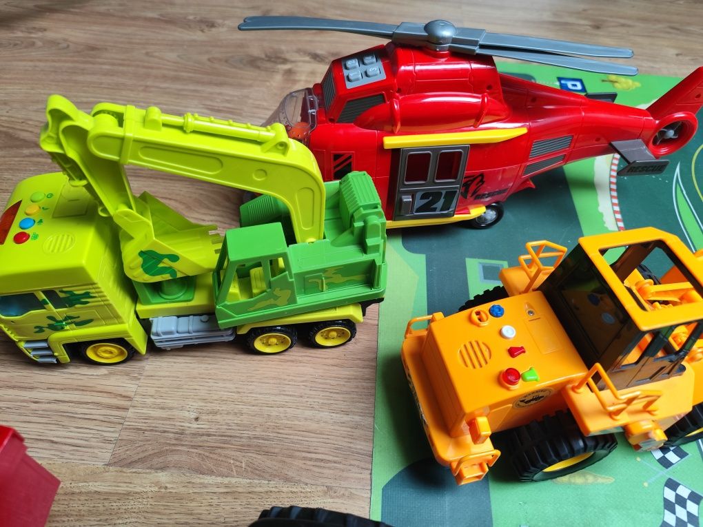 Zestaw auta duże pojazdy traktor helikopter