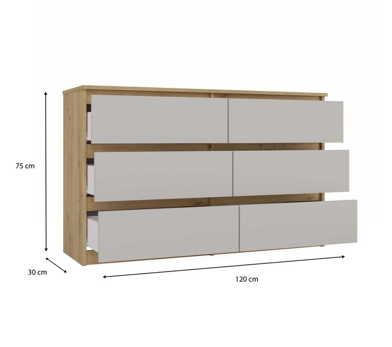 Duża Komoda M6 120 MALWA 120 cm 6 szuflad Kolor: DĄB ARTISAN / KASZMIR