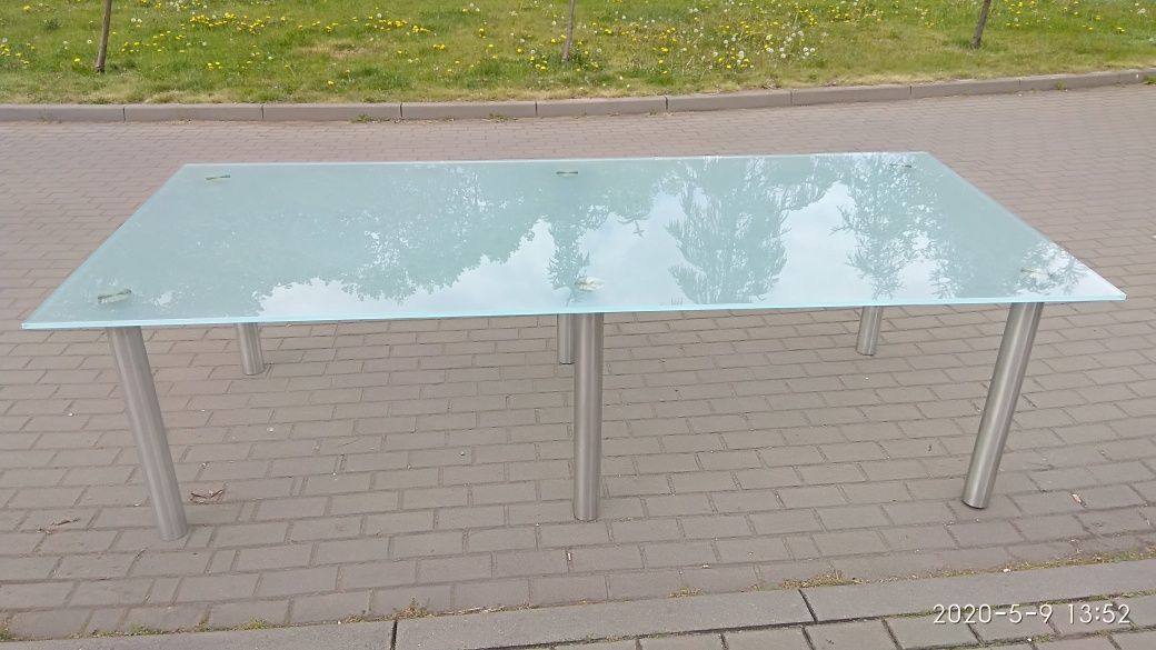 Stół szklany, metalowe nogi, 260x120x74 cm