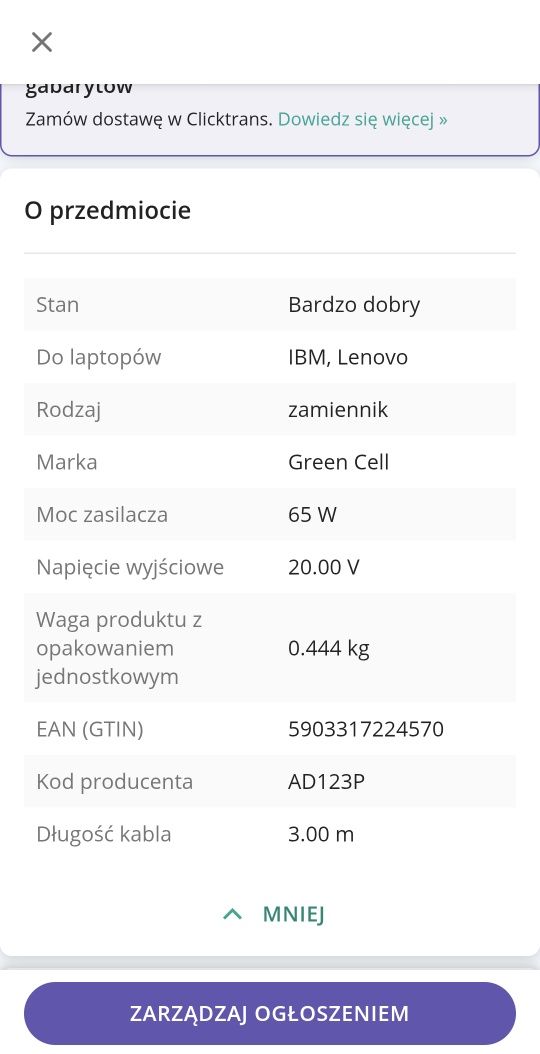 Zasilacz Green Cell 65 W do IBM, Lenovo