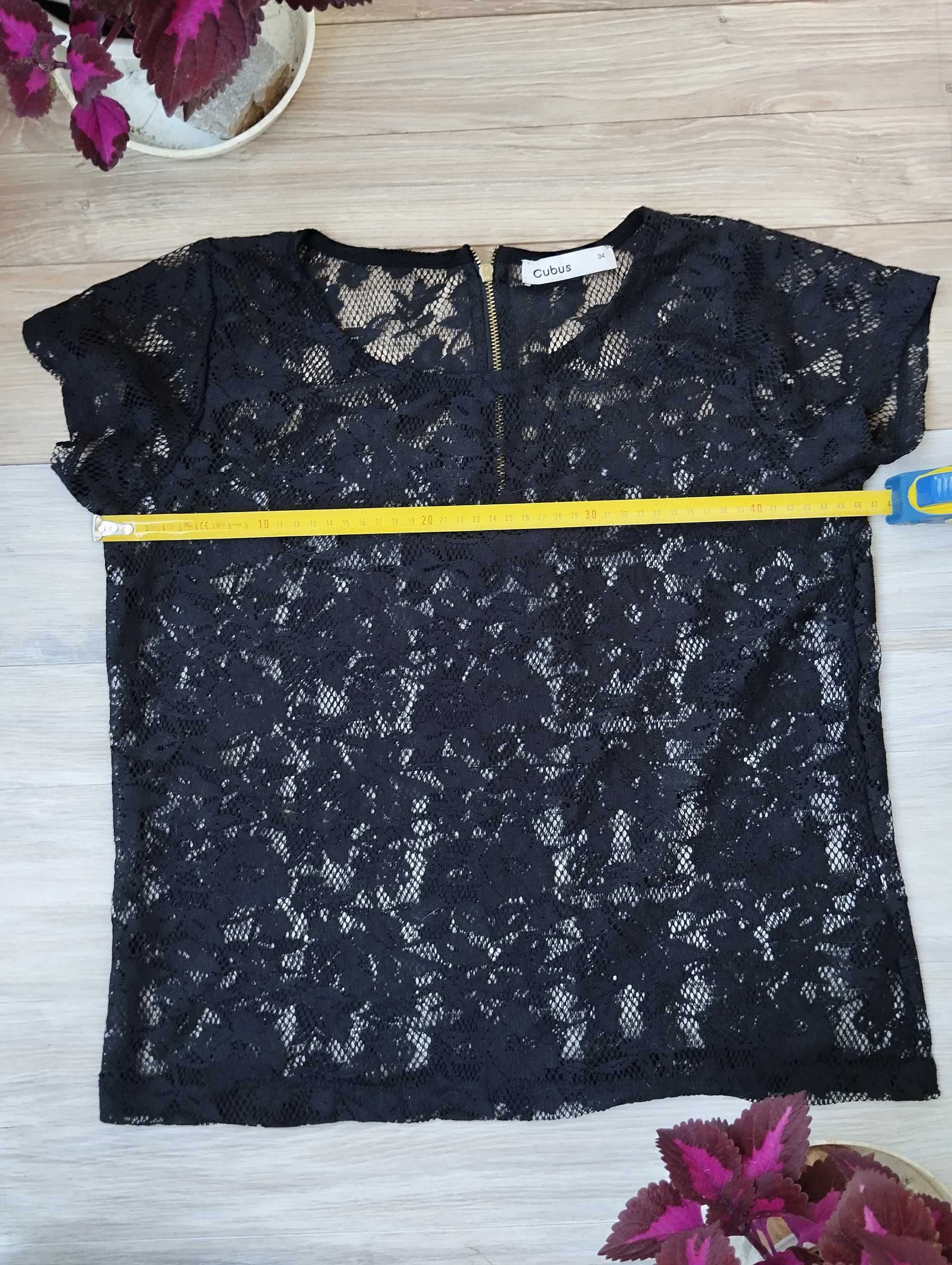 koronkowy t-shirt top czarny xs rękaw ażur transparent rockowy gotycki