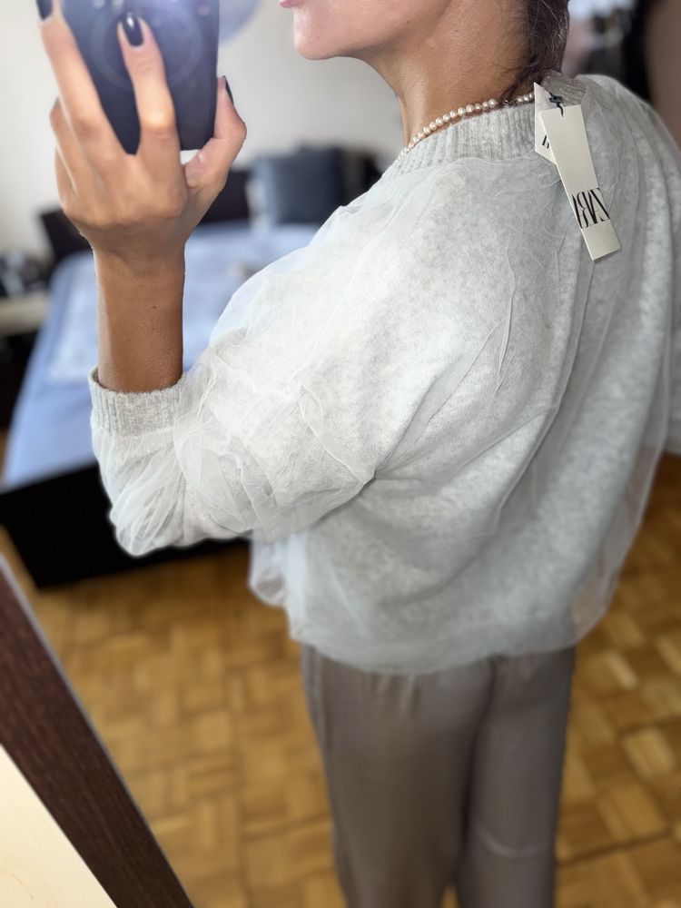 Zara szary kardigan sweter z bialym tiulem tiul powlekany guziki M