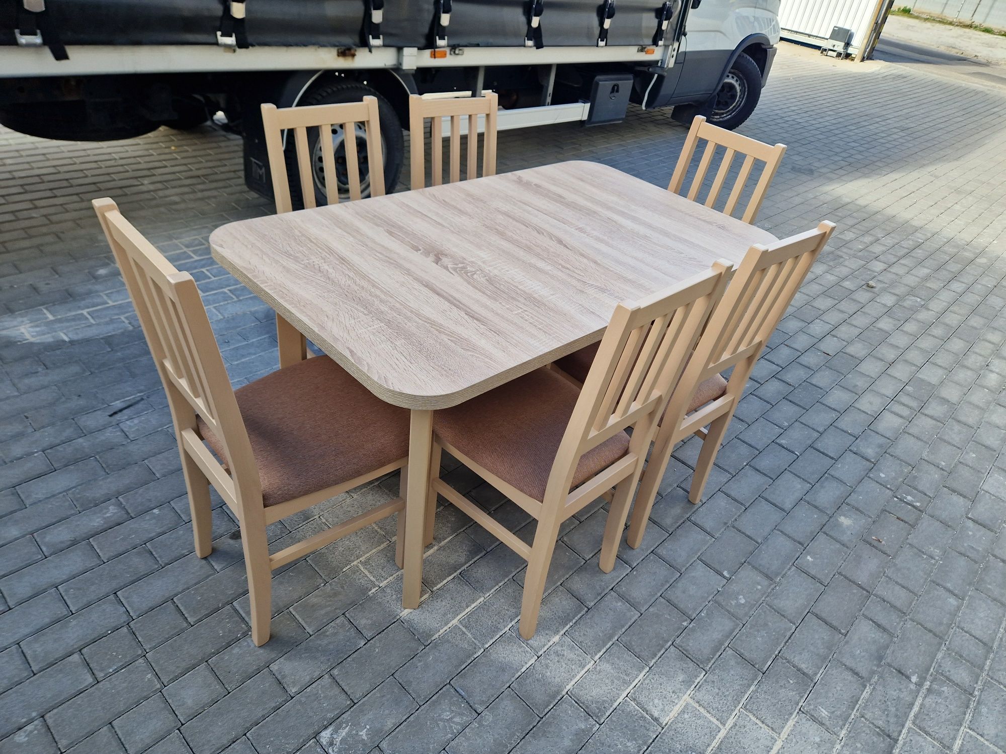 Nowe: Stół 80x140/180 + 6 krzeseł, sonoma + jasny brąz ( szczebelki)