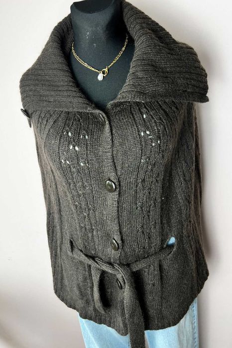 Benetton Stile brązowe ponczo poncho narzutka z wełną guziki