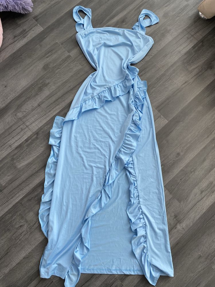 Shein L/40 długa maxi suknia sukienka z rozcięciem niebieska