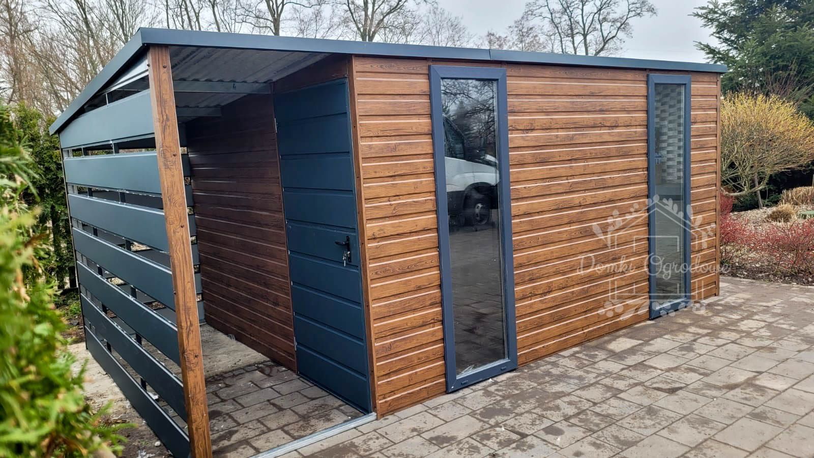 SCHOWEK DOMEK OGRODOWY 4,5x2,5 m wiata 1,5x2,5 spad tył  antracytID535
