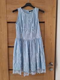 Błękitna koronkowa sukienka bez rękawów okazyjna t. M/L