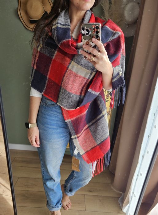 Nowy Duży Miękki Szal Pled w Czerwoną Kratę Granat Szary Cotton Trader