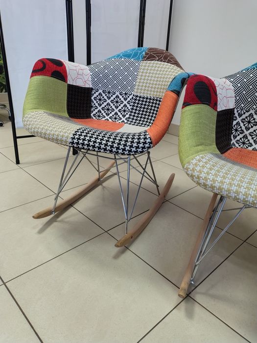 krzesła patchwork bujane na płozach drewnianych wygodne duże