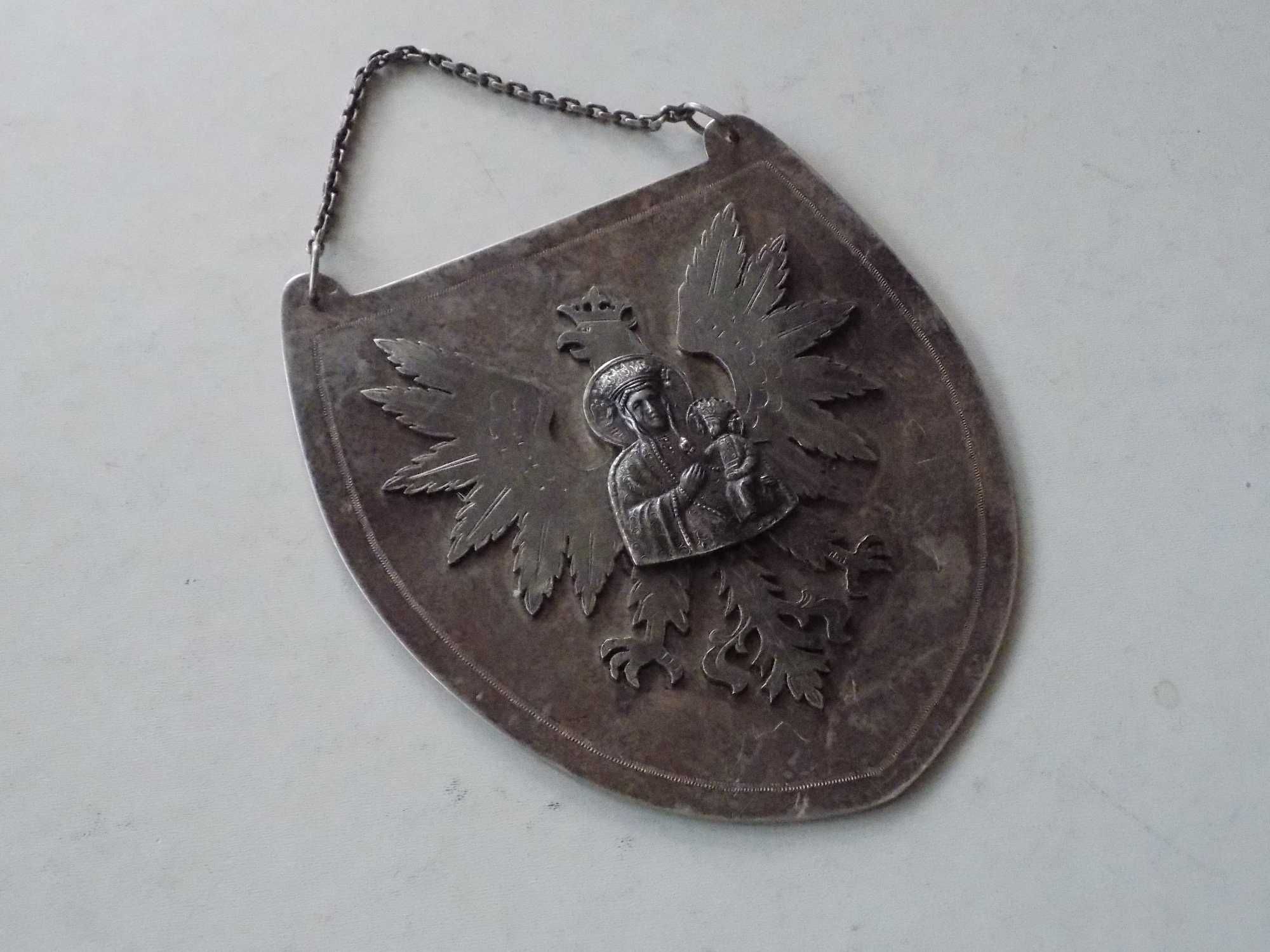 Stary, duży, srebrny Ryngraf z Matką Boską - 120 g. srebra - Sygn. PW