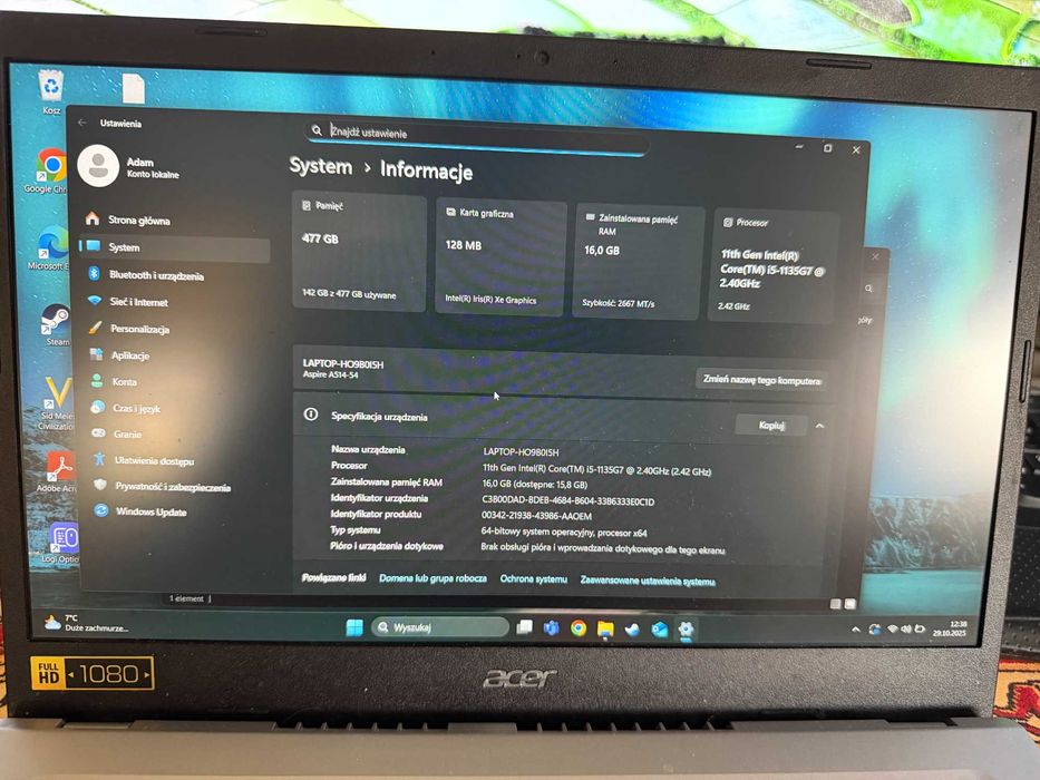 Acer Aspire 5 n20c4 Intel I5 -1135g7, 16GB RAM