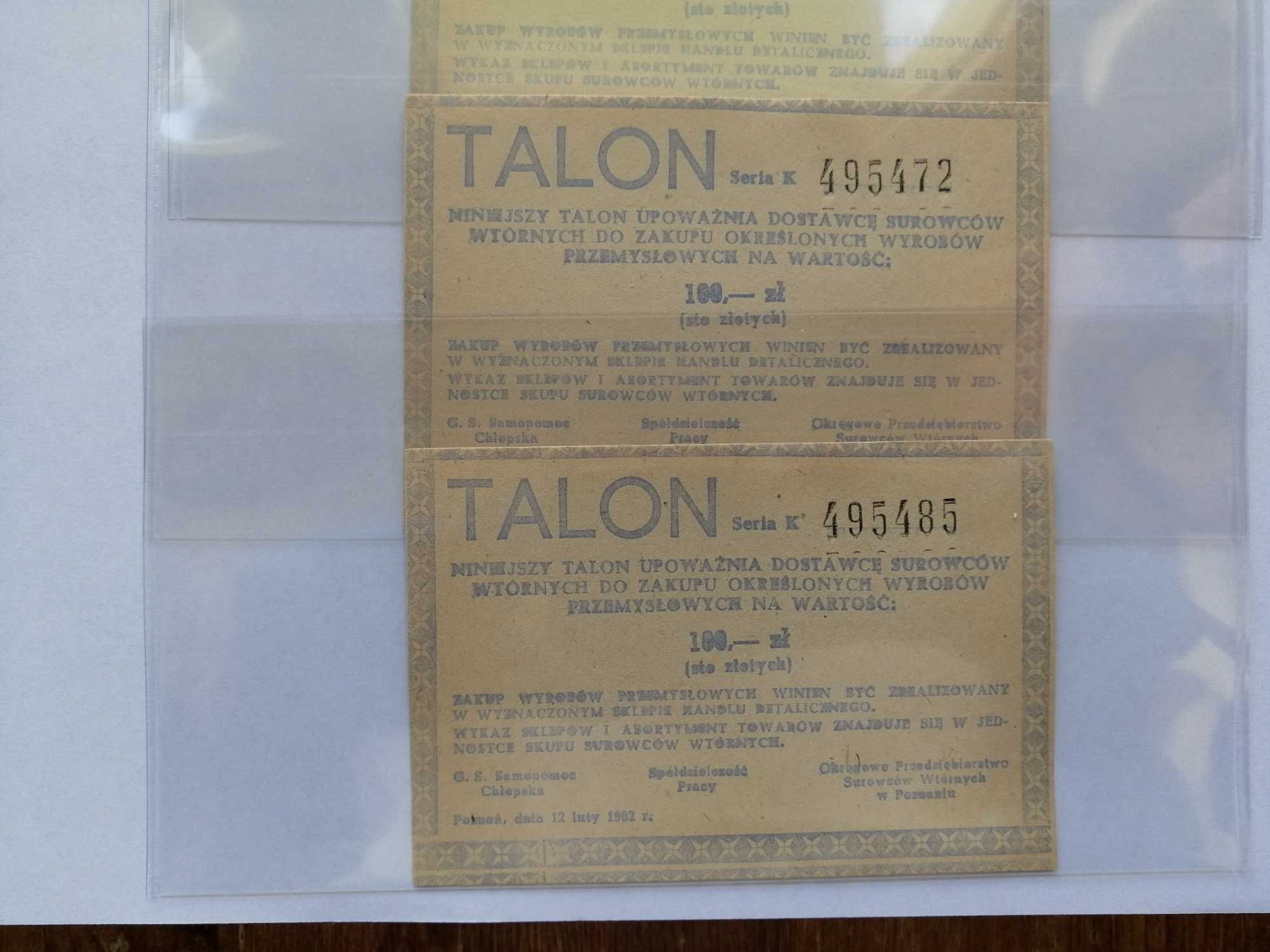 Talon za makulaturę PRL 100 zł , 3 szt. 1982 rok.